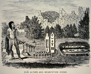 Zuni-stamlid blaast stuifmeel over een Pueblo-heiligdom (gravure) door School American