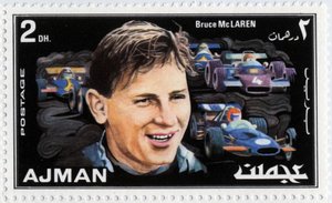 Emiraten Arabische Eenheden postzegel met Nieuw-Zeelandse autocoureur Bruce McLaren (1937-1970)