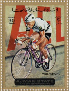 VAE postzegel met wielrenner Rolf Wolfshohl (geb. 1938) door School Arabic
