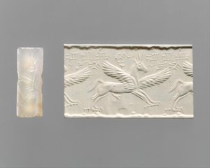 Cilinderzegel en moderne indruk: gevleugeld paard met klauwen en hoorns, ca. 14e-13e eeuw v.Chr. (chalcedoon)
