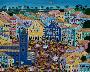 Naïeve kunst schilderij dat markt uitbeeldt, Bahia Staat, Brazilië door School Brazilian