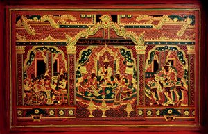 Detail van een manuscriptkist uit Myanmar door School Burmese