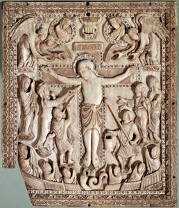 Kruisiging ivoren reliëf van de Franse school, 9e eeuw Florence Museo Nazionale del Bargello door School Carolingian