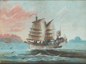 Een jonk op zee door School Chinese