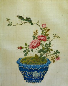 Kunst China: schilderij op zijde bloemen en vogels. Anoniem door School Chinese