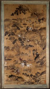 Chinese kunst: jachtscène, prent uit de 17e eeuw door School Chinese