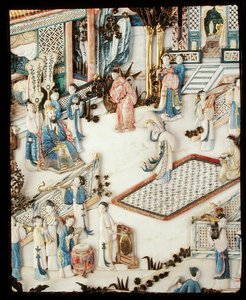 Detail van een paneel dat een hoogwaardigheidsbekleder toont die naar een vrouwelijke danseres kijkt, Qianlong periode