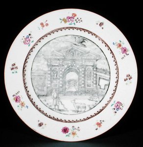 Dinerbord versierd en grisaille met Rose Famille email die Jacob Bobart (1599-1680) met een geit en een hond afbeeldt, Qianlong periode (1736-95)