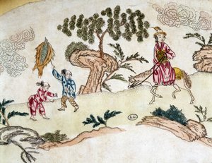 Adellijke vrouw te paard en kinderen vliegeren - Chinese prent, circa 1800 door School Chinese