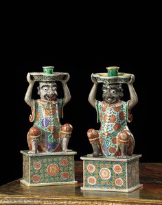 Paar export famille verte kandelaars, Kangxi