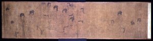 Paleisdames in hun vrije tijd, handrol, detail van dames die muziek maken, naar een origineel van Wen-chu Chou (fl.970) Zuidelijke Sung-periode, ca.1140 door School Chinese