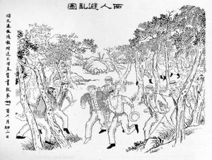 Opstand van de Boxers: De Europeanen vluchten voor de Boxers. Illustratie gepubliceerd in de Shanghai Toung-Ouen-Hou-Pao krant. Ca. 1899. door School Chinese