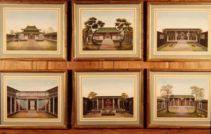 Set van zes Chinese paviljoens en binnenplaats scènes