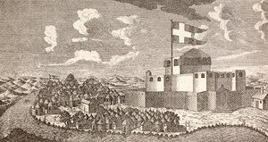 Deens koloniaal fort Fredensborg, Ningo, Ghana zoals het was in 1760, uit 