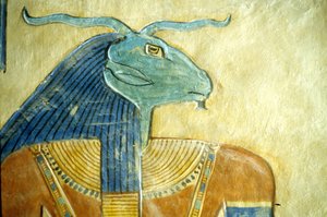 Oud Egypte, Beeldhouwwerk/Schilderij, Ramshoofdige God van de onderwereld, Amon hir Khopshet graf, Thebe, 20e Dynastie door School Egyptian