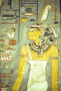 Oud Egypte, gravure/schildering, graf van Ramses I, Thebe, de godin Maat, godin van waarheid en gerechtigheid, met struisvogelveer door School Egyptian