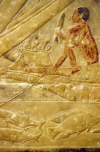 Oud Egypte, Mastaba/Graf van Idout, Saqqara, Vissers zitten op boten, schalen vis door School Egyptian