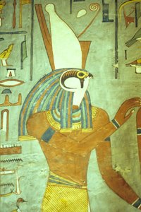Oude Egypte, Schilderij, Horus, valkenkop God, God van de koningen, Graf van Ramses I, Thebe