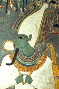 Oude Egypte, Schilderij, Osiris, Graf van Horemheb, Thebe, God van het hiernamaals, de onderwereld en de doden, Groen van huid met een faraobaard, draagt een kroon met twee grote struisvogelveren aan weerszijden, en houdt een symbolische herdersstaf en dor