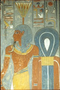 Oud Egypte, Schilderij, Graf van Horemheb, Thebe 18e dynastie, God Nefertum en Knoop van Isis, Nefertum of Nefertem met een waterlelie of lotus hoofdtooi (foto)