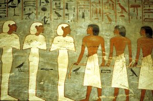 Oud Egypte, Schilderij, Graf van Ramses I, Drie mummievormige goden, drie goden die de zonneboot slepen door School Egyptian