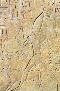 Oud Egypte, muurgravure, Karnak/Luxor, Hatshepsut die de stier rent, Heb-sed Festival door School Egyptian