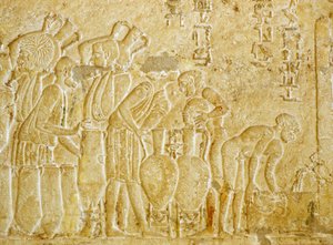 Oud Egypte, Muur gravure, Graf van Petosiris, 300 v.Chr., Tunael Gebel, Verzamelen en bottelen van de wijn door School Egyptian