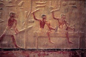 Oud Egypte, Muur gravure/schildering, Mastaba/Graf van Ti, Saqqara, 5e Dynastie, Timmerlieden zagen en hameren, Vormgeven van een balk