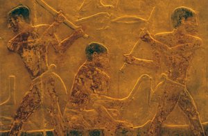 Oud Egypte, muurschildering, mastaba/graf van Ti, Saqqara, 5e dynastie, scheepsbouw