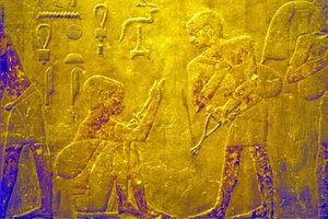 Oud Egypte, Muur gravure/schildering, Mastaba/Graf van Ti, Saqqara, 5e Dynastie, Handelen in goederen op de markt door School Egyptian