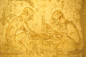 Oud Egypte, muurschildering, graf van Petosiris, Tuna el Gebel, 300 v.Chr., mannen die zalfmedicijnen maken door School Egyptian