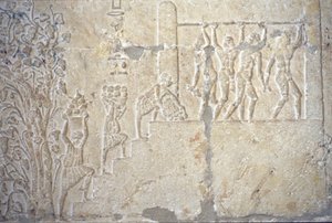 Oud Egypte, Muur gravure/schildering, Graf van Petosiris, Tuna el Gebel, 300 v.Chr., Wijnoogst, Wijn maken, Wijnpers door School Egyptian