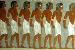Oud Egypte, muurschildering, gebonden gevangenen, schildering onvolledig, Horemheb graf door School Egyptian