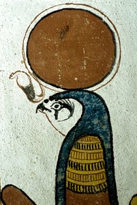 Oud Egypte, muurschildering, Horus, zonnegod, zonnesymbool, graf van Sennedjem, Thebe, Deir el Medina