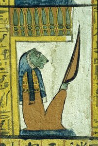 Oude Egypte, muurschildering, Leeuwenkop God van de onderwereld, Graf van Sennedjem, Thebe, Deir el Medina