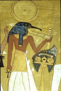 Oude Egypte, muurschildering, Tombe van Inherkhau, Thebe, God Thoth introduceert de overledene aan Osiris, 20e dynastie, Ibis-hoofdige God met maanschijf
