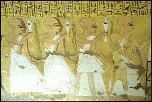 Oude Egypte, muurschildering, Tombe van Inherkhau, Thebe, Tombe van de Edelen, 20e dynastie, priesters gieten plengoffers voor Inherkhau