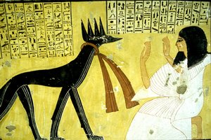 Oud Egypte, Muurschildering Graf van Inherkhau, Thebe, Graf van de Edelen, 20e dynastie, Inherkhau aanbidt de jakhalsgoden