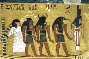 Oud Egypte, Muurschildering Graf van Inherkhau, Thebe, Graf van de Edelen, 20e dynastie, Inherkhau in de zonneboot met Isis, Thoth en Khephri door School Egyptian