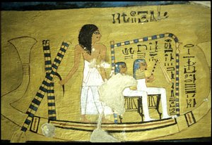 Oud Egypte, muurschildering graf van Inherkhau, Thebe, graf van de edelen, 20e dynastie, Inherkhau stuurt een boot met twee goden in een schrijn door School Egyptian