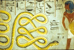 Oud Egypte, Muurschildering, Graf van Ramses I, Vallei der Koningen, Ramses I die de slangengod van de onderwereld doodt door School Egyptian