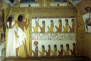 Oud Egypte, Muurschildering, Graf van Sennedjem, Muur, Sennedjem en zijn vrouw aanbidden de goden van de onderwereld, Osiris, Horus, Thebe, Deir el Medina door School Egyptian