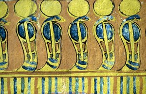 Oud Egypte, muurschildering, Uraeus-slangen die het heiligdom van Osiris bewaken, graf van Sennedjem, Thebe, Deir el Medna door School Egyptian