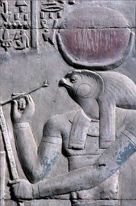 Oude Egypte, Muur schildering/gravure, Horus schrijft op papyrusrol, Tempel van Sebek en Horus, Kom Ombo