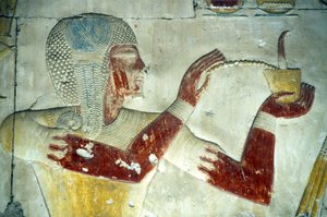Oud Egypte, muurschildering/gravure, Rameses II offert wierook aan zijn vergoddelijkte vader Seti I, Tempel van Seti I, Abydos