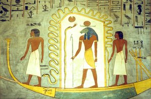 Oude Egypte, Muur schildering/gravure, Graf van Ramses I, Thebe, Bark van Amon Ra gesleept door de onderwereld (foto) door School Egyptian