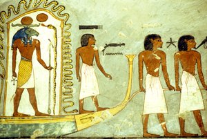 Oude Egypte, muurschildering, Reis door de onderwereld, boot getrokken door mannen, Graf van Ramses I, Thebe door School Egyptian