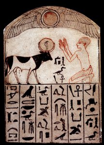 Oude kunst: Serapeum stèle (beschilderde kalksteen). Aanbidding van de God Apis door School Egyptian
