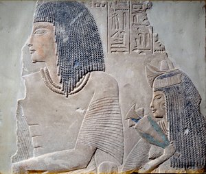 Kunst Egypte: Ieneminet en zijn vrouw Takha. Fresco uit de periode van het Nieuwe Rijk van de 18e dynastie (14e eeuw v.Chr.). Parijs, Musee Du Louvre door School Egyptian