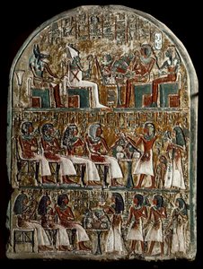 Egyptische oudheid: stele van Irynefer, bovenaan de goden Osiris en Anubis tegenover Amenophis I en Ahmes Nefertari; in het midden Irynefer, zijn vrouw Mehytkhaty en hun dochter Hathor brengen het grafoffer aan hun ouders, onderaan Hathor volwassen door School Egyptian